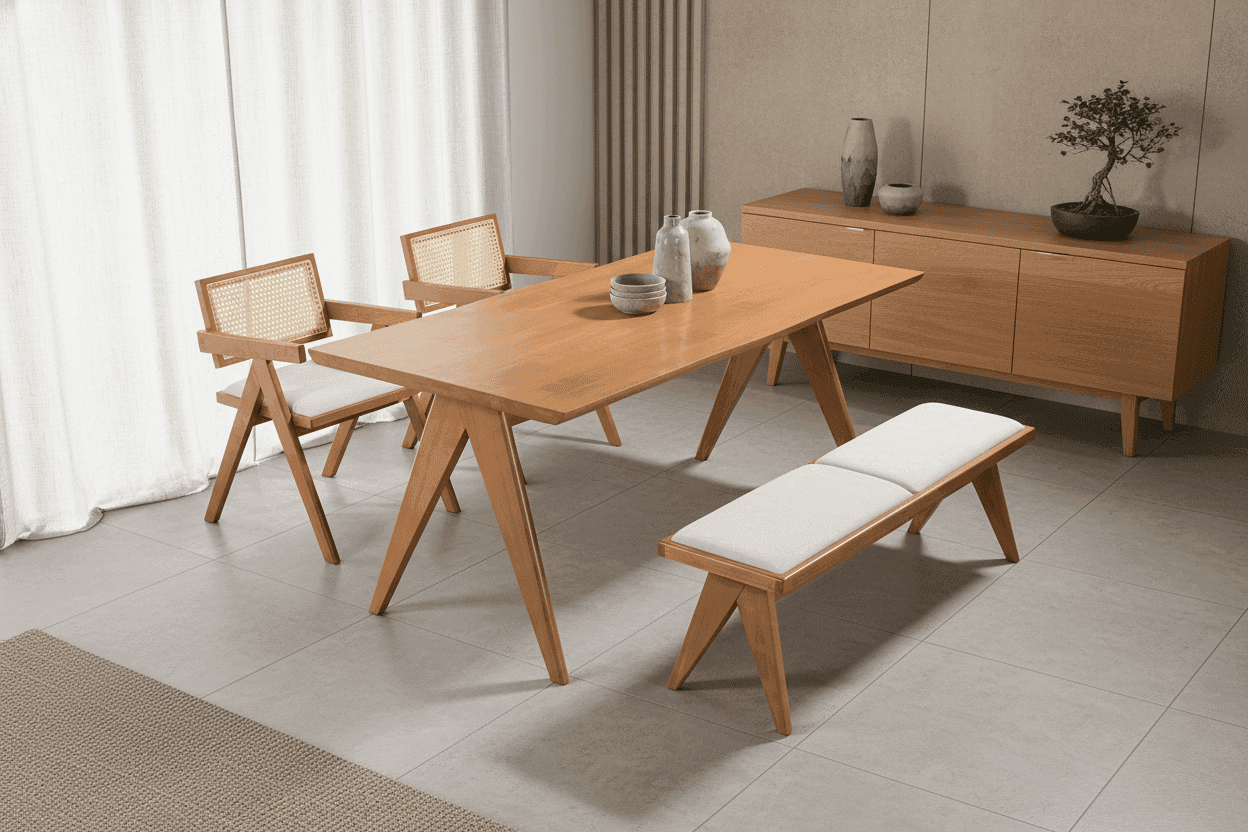 Rattan 1+2+Bench Wooden Dining Set